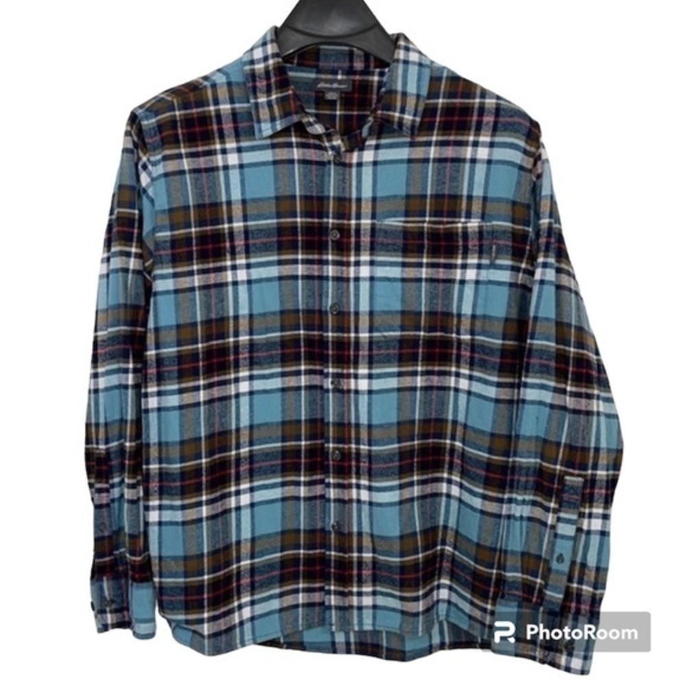 Eddie Bauer‎ men's XXL blue, tan, white & red plaid flannel shirt.  EUC